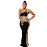 Sexy Mesh See-through Rhinestone Hanging Long Dress