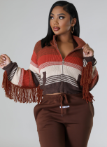 Wool Knit Hand Hook Color Block Pocket Tassel Zipper Cardigan Jacket