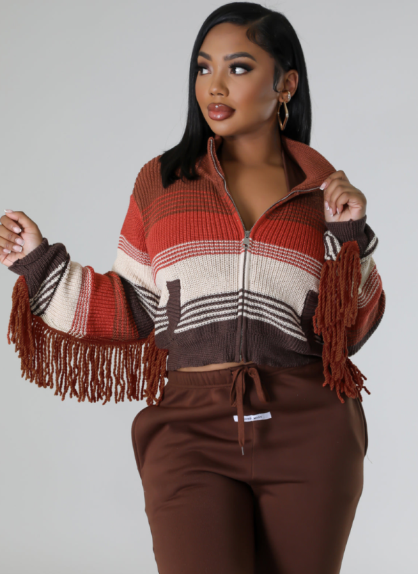 Wool Knit Hand Hook Color Block Pocket Tassel Zipper Cardigan Jacket