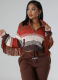 Wool Knit Hand Hook Color Block Pocket Tassel Zipper Cardigan Jacket