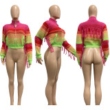 Wool Knit Hand Hook Color Block Pocket Tassel Zipper Cardigan Jacket