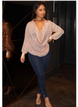 Loose Casual Sequin Pleated Long-sleeve Shirt