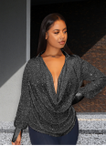 Loose Casual Sequin Pleated Long-sleeve Shirt