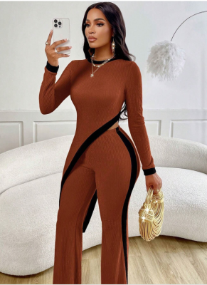 Stylish Long-sleeved Contrasting Slit T-shirt + Patchwork Trousers Suit