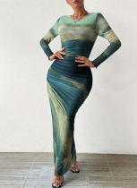 Fashionable Printed Gradient Slim Fit Round Neck Long Sleeve Dress
