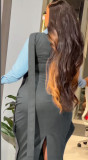 Slim-fitting Back Slit Dress With Contrasting Color Ribbons