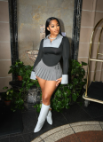Stylish Polo Collar Striped Contrasting Top and Pleated Skirt Two-piece Set