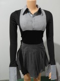 Stylish Polo Collar Striped Contrasting Top and Pleated Skirt Two-piece Set