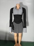 Stylish Polo Collar Striped Contrasting Top and Pleated Skirt Two-piece Set