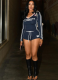 Sexy V-neck Printed Long-sleeved Top and Lace-up Shorts Set