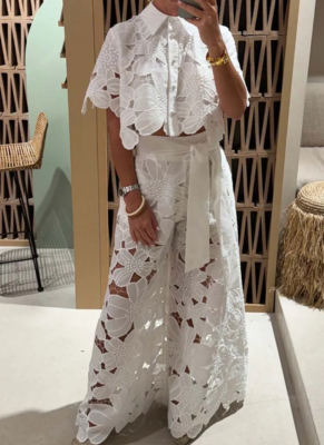 Sexy Hollow Cardigan Top and Wide-leg Pants Two-piece Set