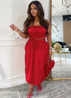 Sexy Tube Top High Waist Long Skirt Two Piece Set