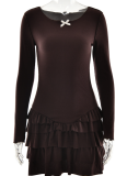 Autumn And Winter Fashion Pleated Stacked Ruffled Short Skirt New Hot Girl Round Neck Slim Dress