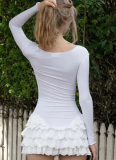 Autumn And Winter Fashion Pleated Stacked Ruffled Short Skirt New Hot Girl Round Neck Slim Dress