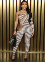 Sexy Slim Fit Stretch Striped Hot Girl Hollow Jumpsuit