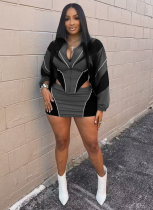Casual Sports Style Loose Contrast Color Jacket and Skirt Suit