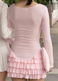 Autumn And Winter Fashion Pleated Stacked Ruffled Short Skirt New Hot Girl Round Neck Slim Dress