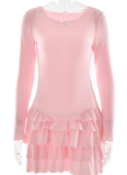Autumn And Winter Fashion Pleated Stacked Ruffled Short Skirt New Hot Girl Round Neck Slim Dress