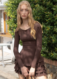 Autumn And Winter Fashion Pleated Stacked Ruffled Short Skirt New Hot Girl Round Neck Slim Dress