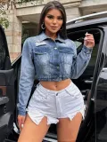 Fashion Long Sleeve Cropped Denim Jacket Women Spring Autumn Single Breasted Casual Loose Ripped Denim Jacket Streetwear
