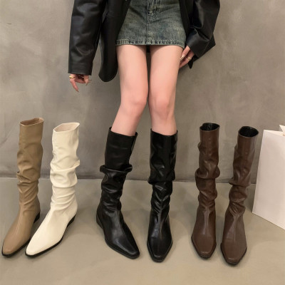 Women Knee High Boots Autumn Winter Female Shoes Fashion Female Slip-on Folds Low Very Round Toe Flat Long Boots Botas De Mujer