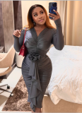 Sexy V-neck Hip-hugging Dress With Rose Design