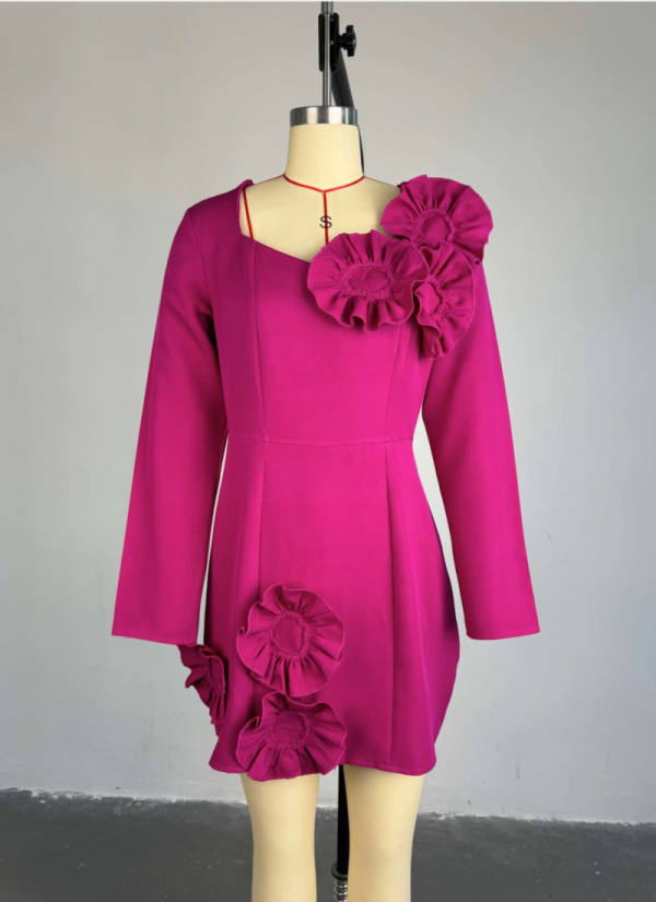 Elegant Square-neck Large Flower Long-sleeved High-waist Slim Dress
