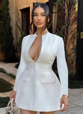 Fashion personality deep V sexy business suit and dress 2024 autumn new long sleeve short dress