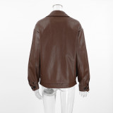 Vintage Brown Loose-fitting Suit Collar Leather Jacket