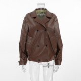 Vintage Brown Loose-fitting Suit Collar Leather Jacket