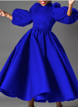 Fashion Solid Color Long Skirt Puff Sleeve Midi Dress