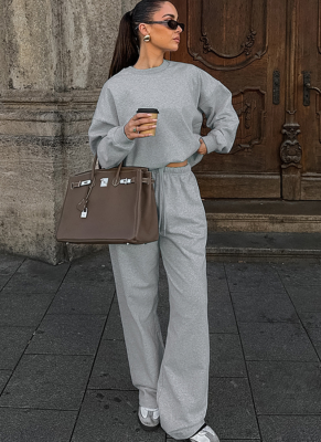 Casual Grey Knitted Sweatshirt and Trousers Sports Suit