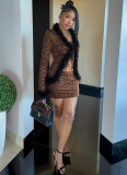 Sexy Fur Splicing Lace-Up Cardigan Top Leopard Print Skirt Set