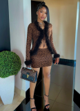 Sexy Fur Splicing Lace-Up Cardigan Top Leopard Print Skirt Set