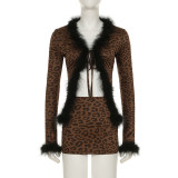 Sexy Fur Splicing Lace-Up Cardigan Top Leopard Print Skirt Set