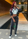 Casual Patchwork Contrast Color Jacket + High Waist Straight Trousers Two-piece Set