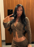 Fashion Slim Fit Elastic Leopard Print Knit Two Piece Suit