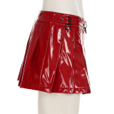 Christmas Red PU Leather High Waist Metal Button A-Line Pleated Miniskirt