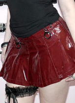 Christmas Red PU Leather High Waist Metal Button A-Line Pleated Miniskirt