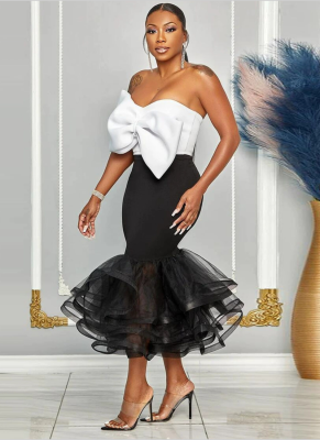 Sexy Slim Contrast Color Tube Top Off Shoulder 3D Bow Mesh Hip Skirt Set