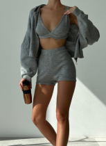 Solid Color Knitted Zipper Hooded Cardigan Triangle Cup Bra High Waist Shorts Three-piece Set