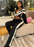 Casual Patchwork Contrast Color Jacket + High Waist Straight Trousers Two-piece Set