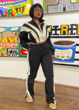 Casual Patchwork Contrast Color Jacket + High Waist Straight Trousers Two-piece Set