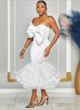 Sexy Slim Contrast Color Tube Top Off Shoulder 3D Bow Mesh Hip Skirt Set
