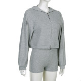 Solid Color Knitted Zipper Hooded Cardigan Triangle Cup Bra High Waist Shorts Three-piece Set
