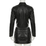 Contrast PU Leather Flame Print Zipper Cardigan Hip Skirt Suit