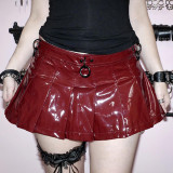Christmas Red PU Leather High Waist Metal Button A-Line Pleated Miniskirt