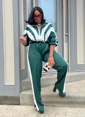 Casual Patchwork Contrast Color Jacket + High Waist Straight Trousers Two-piece Set