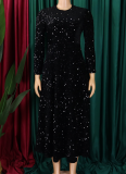 5 Colors Round Neck Long Sleeve Solid Color Sequins High Waist Temperament Mid-Length Dress