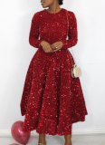 5 Colors Round Neck Long Sleeve Solid Color Sequins High Waist Temperament Mid-Length Dress